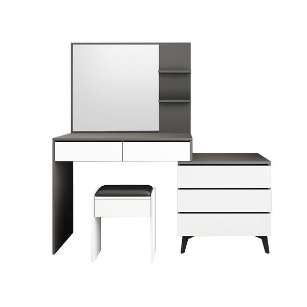 Dressing Table Set Makeup Vanity Mirrored Drawers Storage Grey Dresser Stool Modern Wooden Furniture Adjustable