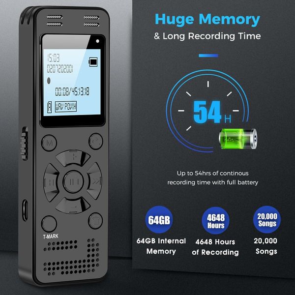 64GB Digital Voice Recorder for Lectures Meetings,4648 Hours Voice Activated Recording Device Audio Recorder with Playback,Password