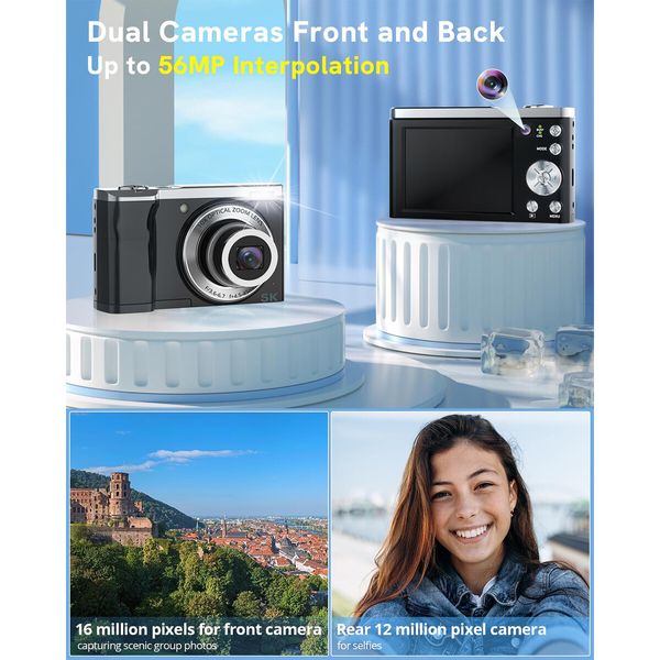 5K Digital Camera,56MP Cameras for Photography Autofocus,10X Optical Vlogging Compact Camera with Front and Rear Camera,6-Axis Anti-Shake,Touch Screen with 64GB SD Card,2 Batteries