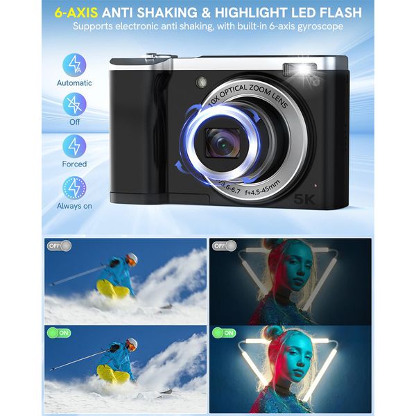 5K Digital Camera,56MP Cameras for Photography Autofocus,10X Optical Vlogging Compact Camera with Front and Rear Camera,6-Axis Anti-Shake,Touch Screen with 64GB SD Card,2 Batteries