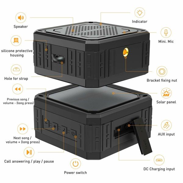 Solar Speaker Portable IPX6 Waterproof Bluetooth Speaker Stereo Bass for Home and Outdoor Wireless Speaker-1 Pack