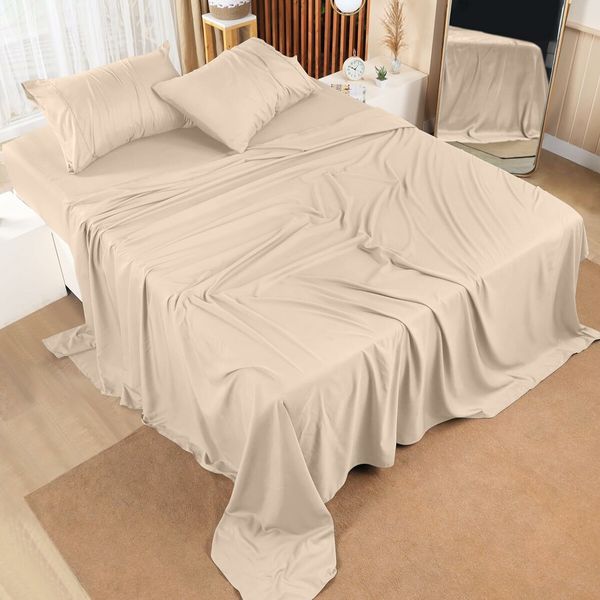 (Queen, Beige)Queen Bed Sheets Set - 4 Piece Bedding - Brushed Microfiber - Shrinkage and Fade Resistant - Easy Care