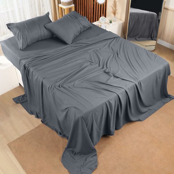 (Queen,dark gray)Queen Bed Sheets Set - 4 Piece Bedding - Brushed Microfiber - Shrinkage and Fade Resistant - Easy Care