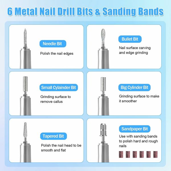 Electric Nail Drill-35000RPM Portable Acrylic Gel Polish Remover Nail Drill Machine with 6 Nail Bits,Professional Manicure Pedicure Polishing Tools for Home Salon,Blue