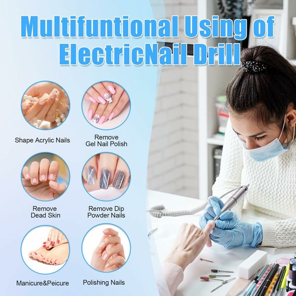 Electric Nail Drill-35000RPM Portable Acrylic Gel Polish Remover Nail Drill Machine with 6 Nail Bits,Professional Manicure Pedicure Polishing Tools for Home Salon,Blue