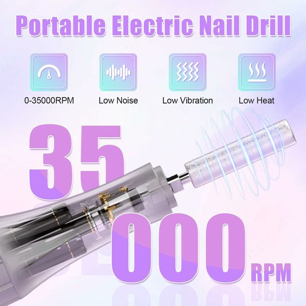 Electric Nail Drill-35000RPM Portable Acrylic Gel Polish Remover Nail Drill Machine with 6 Nail Bits,Professional Manicure Pedicure Polishing Tools for Home Salon,Purple