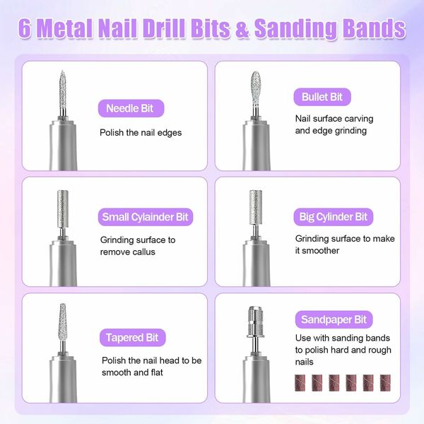 Electric Nail Drill-35000RPM Portable Acrylic Gel Polish Remover Nail Drill Machine with 6 Nail Bits,Professional Manicure Pedicure Polishing Tools for Home Salon,Purple