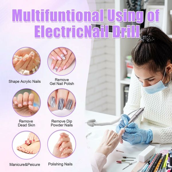 Electric Nail Drill-35000RPM Portable Acrylic Gel Polish Remover Nail Drill Machine with 6 Nail Bits,Professional Manicure Pedicure Polishing Tools for Home Salon,Purple