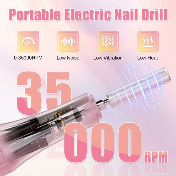 Electric Nail Drill-35000RPM Portable Acrylic Gel Polish Remover Nail Drill Machine with 6 Nail Bits,Professional Manicure Pedicure Polishing Tools for Home Salon,Pink