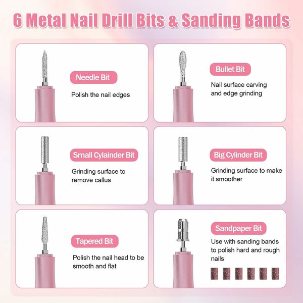 Electric Nail Drill-35000RPM Portable Acrylic Gel Polish Remover Nail Drill Machine with 6 Nail Bits,Professional Manicure Pedicure Polishing Tools for Home Salon,Pink