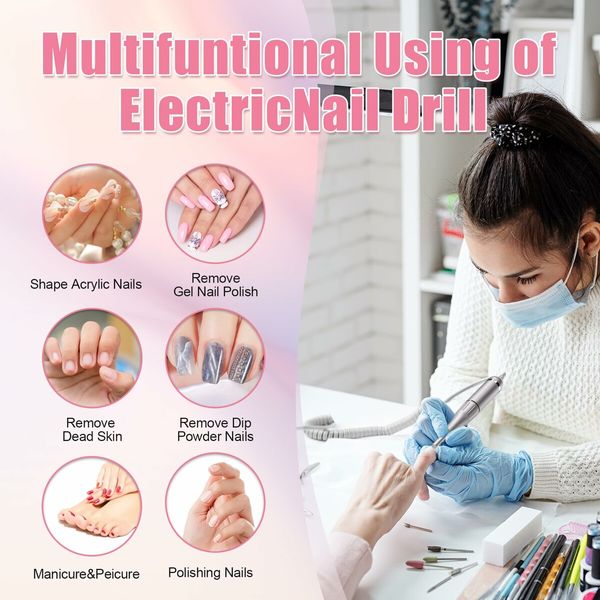 Electric Nail Drill-35000RPM Portable Acrylic Gel Polish Remover Nail Drill Machine with 6 Nail Bits,Professional Manicure Pedicure Polishing Tools for Home Salon,Pink