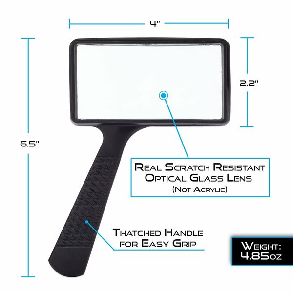 1 Pack 3X Magnification Rectangular Handheld Magnifying Glass Scratch Resistant Glass Lens Large Horizontal Viewing Area