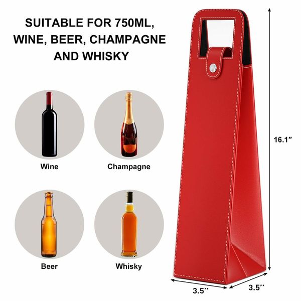 Wine Gift Bag,Reusable Leather Wine Tote Carrier,Single Bottle Champagne Beer Gift Bags Carrier for Birthday,Wedding,Picnic Party,Christmas Gifts (Red)