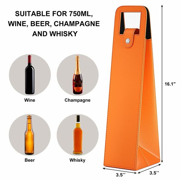 Wine Gift Bag,Reusable Leather Wine Tote Carrier,Single Bottle Champagne Beer Gift Bags Carrier for Birthday,Wedding,Picnic Party,Christmas Gifts (Orange)