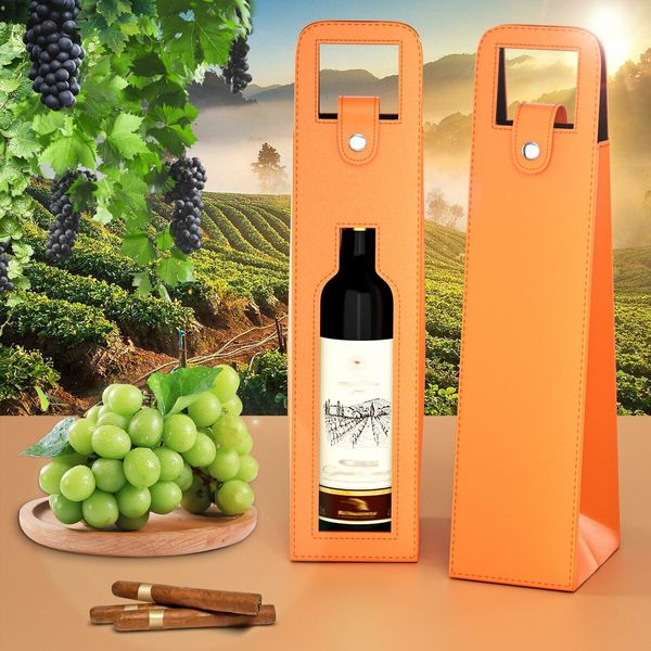 Wine Gift Bag,Reusable Leather Wine Tote Carrier,Single Bottle Champagne Beer Gift Bags Carrier for Birthday,Wedding,Picnic Party,Christmas Gifts (Orange)