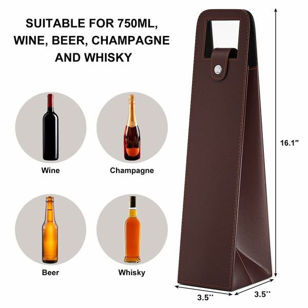 Wine Gift Bag,Reusable Leather Wine Tote Carrier,Single Bottle Champagne Beer Gift Bags Carrier for Birthday,Wedding,Picnic Party,Christmas Gifts (Brown)