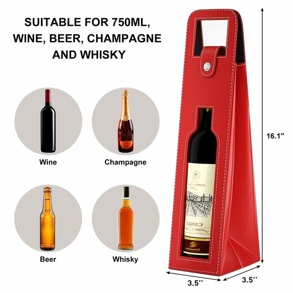 Wine Gift Bag,Reusable Leather Wine Tote Carrier,Single Bottle Champagne Beer Gift Bags Carrier for Birthday,Wedding,Picnic Party,Christmas Gifts (Red)