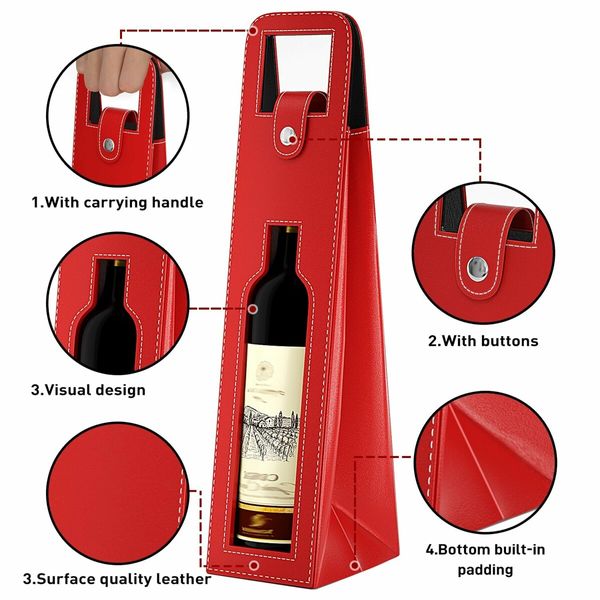 Wine Gift Bag,Reusable Leather Wine Tote Carrier,Single Bottle Champagne Beer Gift Bags Carrier for Birthday,Wedding,Picnic Party,Christmas Gifts (Red)