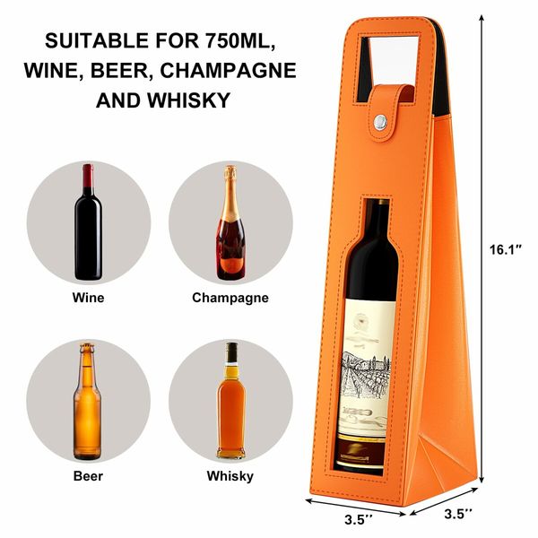 Wine Gift Bag,Reusable Leather Wine Tote Carrier,Single Bottle Champagne Beer Gift Bags Carrier for Birthday,Wedding,Picnic Party,Christmas Gifts (Orange)