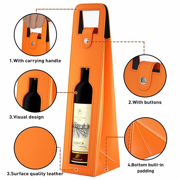 Wine Gift Bag,Reusable Leather Wine Tote Carrier,Single Bottle Champagne Beer Gift Bags Carrier for Birthday,Wedding,Picnic Party,Christmas Gifts (Orange)