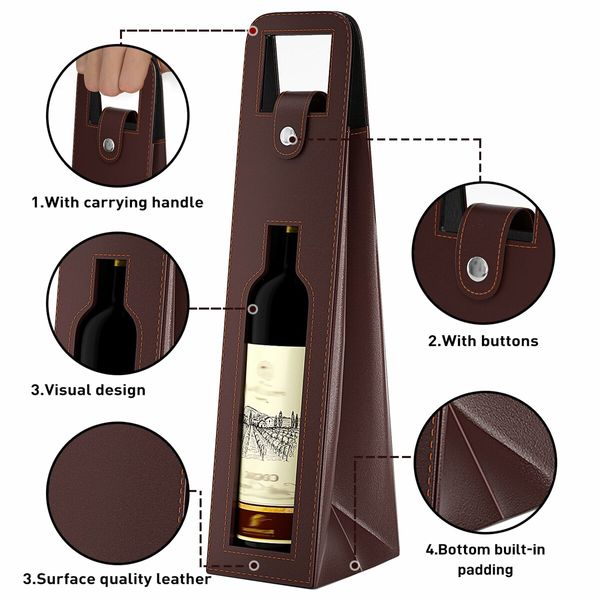 Wine Gift Bag,Reusable Leather Wine Tote Carrier,Single Bottle Champagne Beer Gift Bags Carrier for Birthday,Wedding,Picnic Party,Christmas Gifts (Brown)