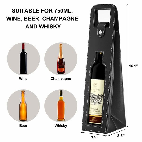 Wine Gift Bag,Reusable Leather Wine Tote Carrier,Single Bottle Champagne Beer Gift Bags Carrier for Birthday,Wedding,Picnic Party,Christmas Gifts (Black)