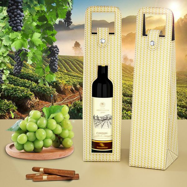 Wine Gift Bag,Reusable Leather Wine Tote Carrier,Single Bottle Champagne Beer Gift Bags Carrier for Birthday,Wedding,Picnic Party,Christmas Gifts (Beige)