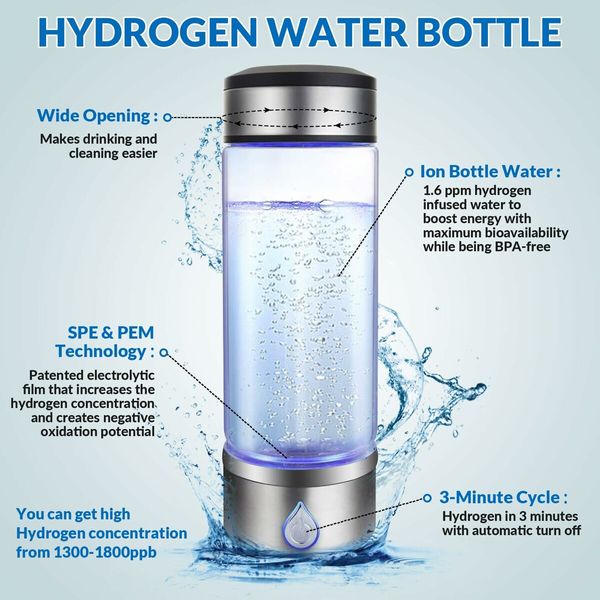 Hydrogen Water Bottle,Rechargeable Portable Hydrogen Water Bottle Generator,420ml Hydrogen Water Machine for Home,Office,Travel