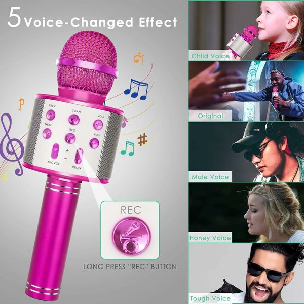 Wireless Bluetooth Kids Karaoke Microphone, 5 in 1 Portable Handheld Microphone with Adjustable Remix FM Radio for Boys Girls Birthday (Rose Red)