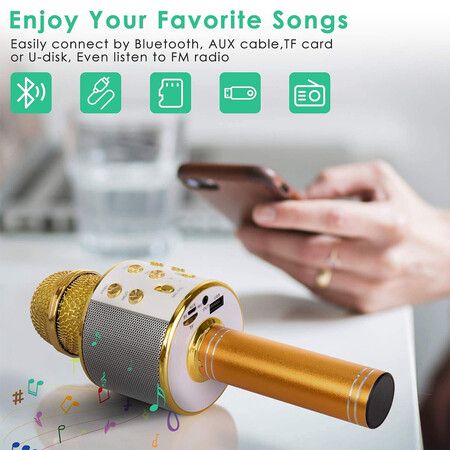 Wireless Bluetooth Kids Karaoke Microphone, 5 in 1 Portable Handheld Microphone with Adjustable Remix FM Radio for Boys Girls Birthday (Golden)