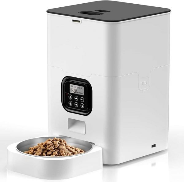 Automatic Pet Feeder Intelligent Schedule Meal Times Pet Feeder with Stainless Steel Bowl Pet Cats Dogs Dry Food Dispenser (White-4L)