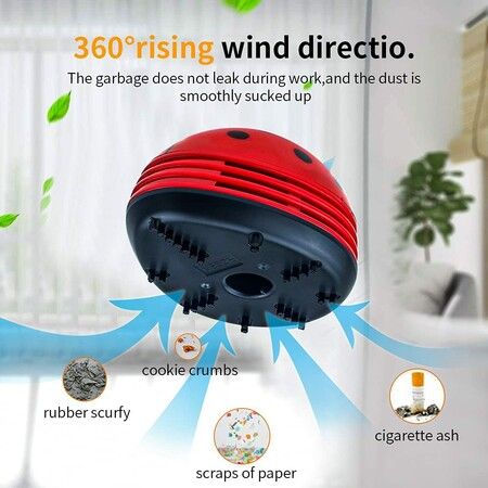 (Red)Cute Portable Beetle Ladybug Cartoon Mini Desktop Vacuum Desk Dust Cleaner Crumb Sweeper