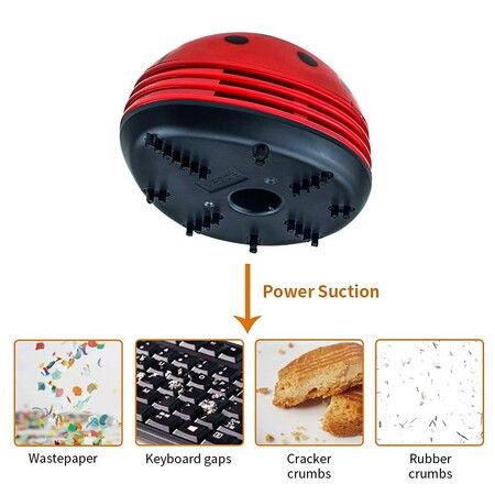 (Red)Cute Portable Beetle Ladybug Cartoon Mini Desktop Vacuum Desk Dust Cleaner Crumb Sweeper