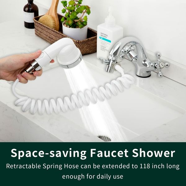 Sink Faucet Sprayer Attachment for Hair and Pet Rinser Showerhead with Water-Saving Stop Function in White