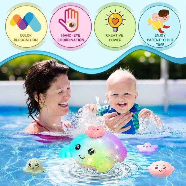 Bath Toy with 4 Water Spray(Random Color)Modes Light Up Octopus Bathtub Toys Auto-Rotating Water Sprinkler Pool Toys Color Red