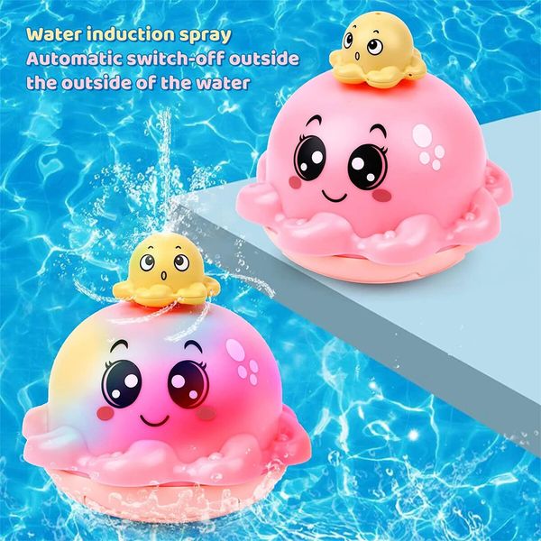 Bath Toy with 4 Water Spray(Random Color)Modes Light Up Octopus Bathtub Toys Auto-Rotating Water Sprinkler Pool Toys Color Pink