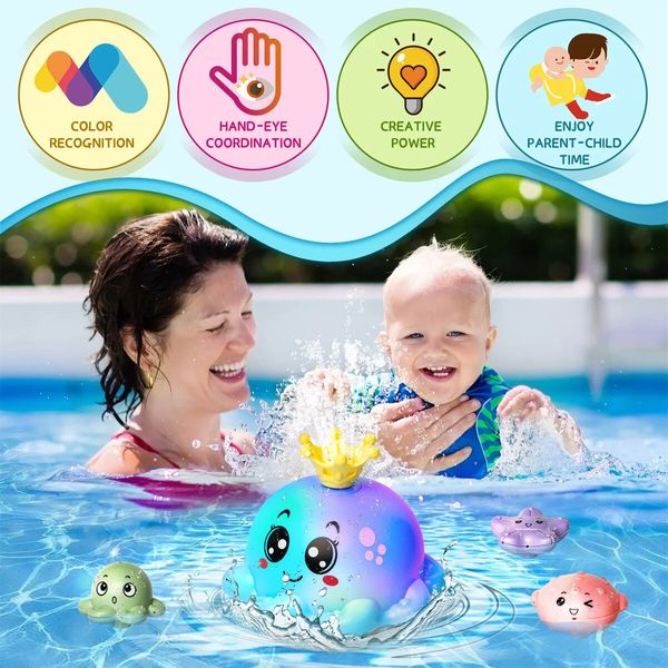 Bath Toy with 4 Water Spray(Random Color)Modes Light Up Octopus Bathtub Toys Auto-Rotating Water Sprinkler Pool Toys Color Pink