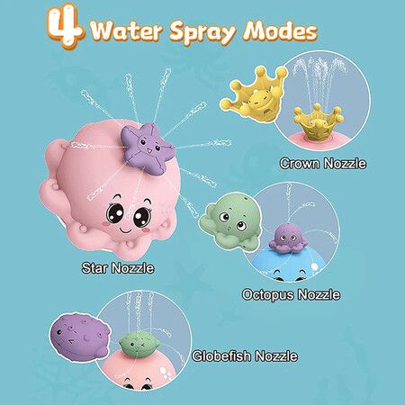 Bath Toy with 4 Water Spray(Random Color)Modes Light Up Octopus Bathtub Toys Auto-Rotating Water Sprinkler Pool Toys Color Pink