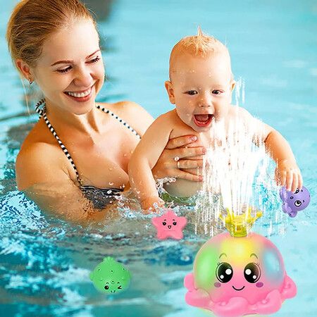 Bath Toy with 4 Water Spray(Random Color)Modes Light Up Octopus Bathtub Toys Auto-Rotating Water Sprinkler Pool Toys Color Pink