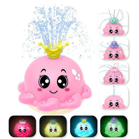 Bath Toy with 4 Water Spray(Random Color)Modes Light Up Octopus Bathtub Toys Auto-Rotating Water Sprinkler Pool Toys Color Pink