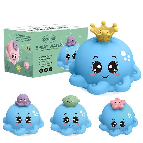 Bath Toy with 4 Water Spray(Random Color)Modes Light Up Octopus Bathtub Toys Auto-Rotating Water Sprinkler Pool Toys Color Blue