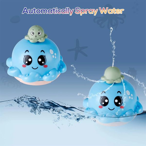 Bath Toy with 4 Water Spray(Random Color)Modes Light Up Octopus Bathtub Toys Auto-Rotating Water Sprinkler Pool Toys Color Blue