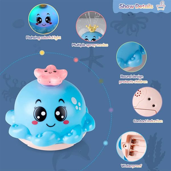 Bath Toy with 4 Water Spray(Random Color)Modes Light Up Octopus Bathtub Toys Auto-Rotating Water Sprinkler Pool Toys Color Blue