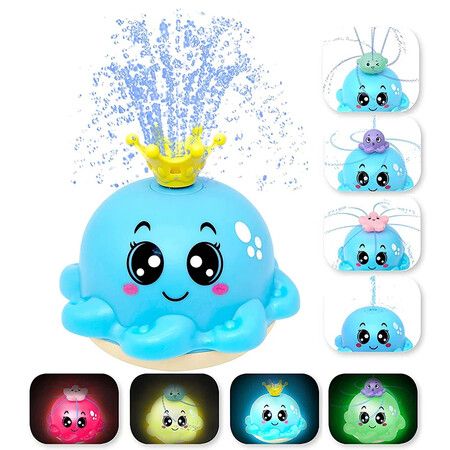 Bath Toy with 4 Water Spray(Random Color)Modes Light Up Octopus Bathtub Toys Auto-Rotating Water Sprinkler Pool Toys Color Blue