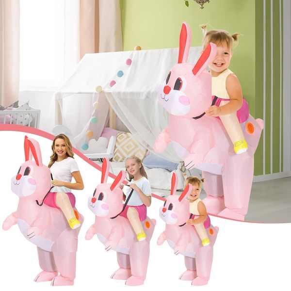 100120cm Easter Inflatable Pink Bunny Costume for Men Women, Party Dress Up Riding Rabbit Blow up Costumes  Kids