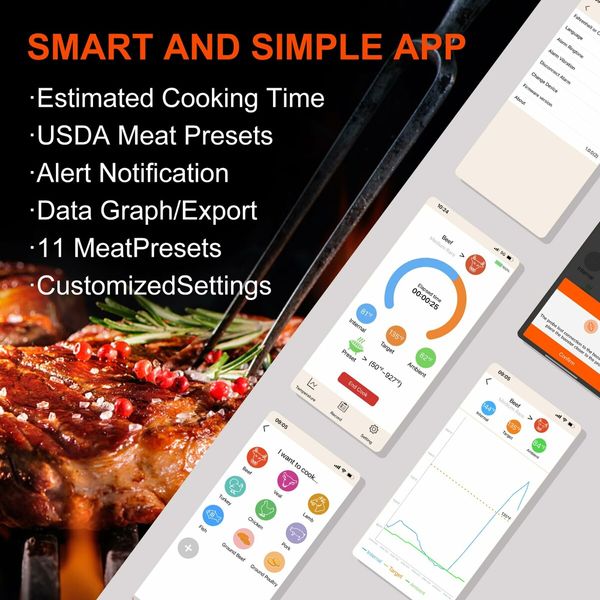 Wireless Meat Thermometer with 493FT Long Wireless Range,Instant Read Digital Food Thermometer,Smart APP Control,Charging Dock,Kitchen Thermometer for Roast,Oven,Grill,BBQ,Smoker