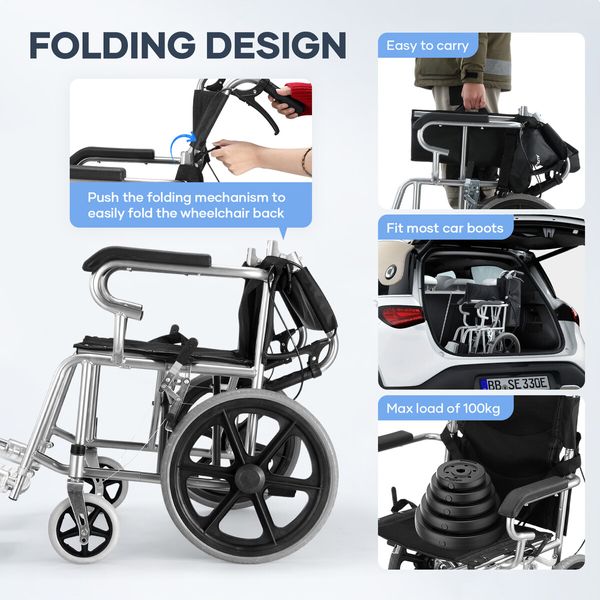 16 Inch Folding Wheelchair Mobility Disability Aid Equipment Portable Travel Lightweight Elderly Rear Hand Brakes Auswheel