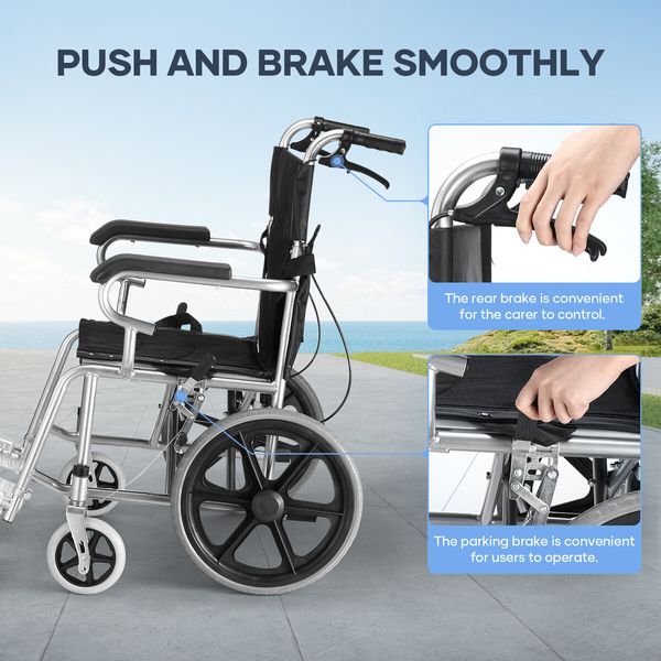 16 Inch Folding Wheelchair Mobility Disability Aid Equipment Portable Travel Lightweight Elderly Rear Hand Brakes Auswheel