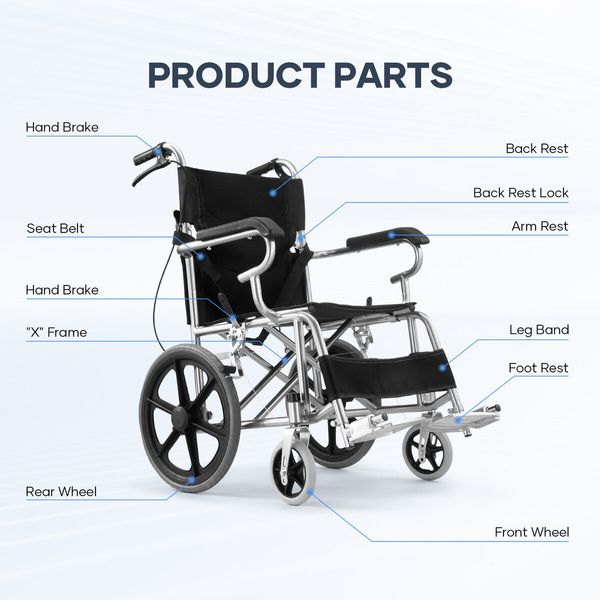 16 Inch Folding Wheelchair Mobility Disability Aid Equipment Portable Travel Lightweight Elderly Rear Hand Brakes Auswheel