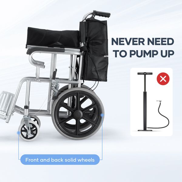 16 Inch Folding Wheelchair Mobility Disability Aid Equipment Portable Travel Lightweight Elderly Rear Hand Brakes Auswheel